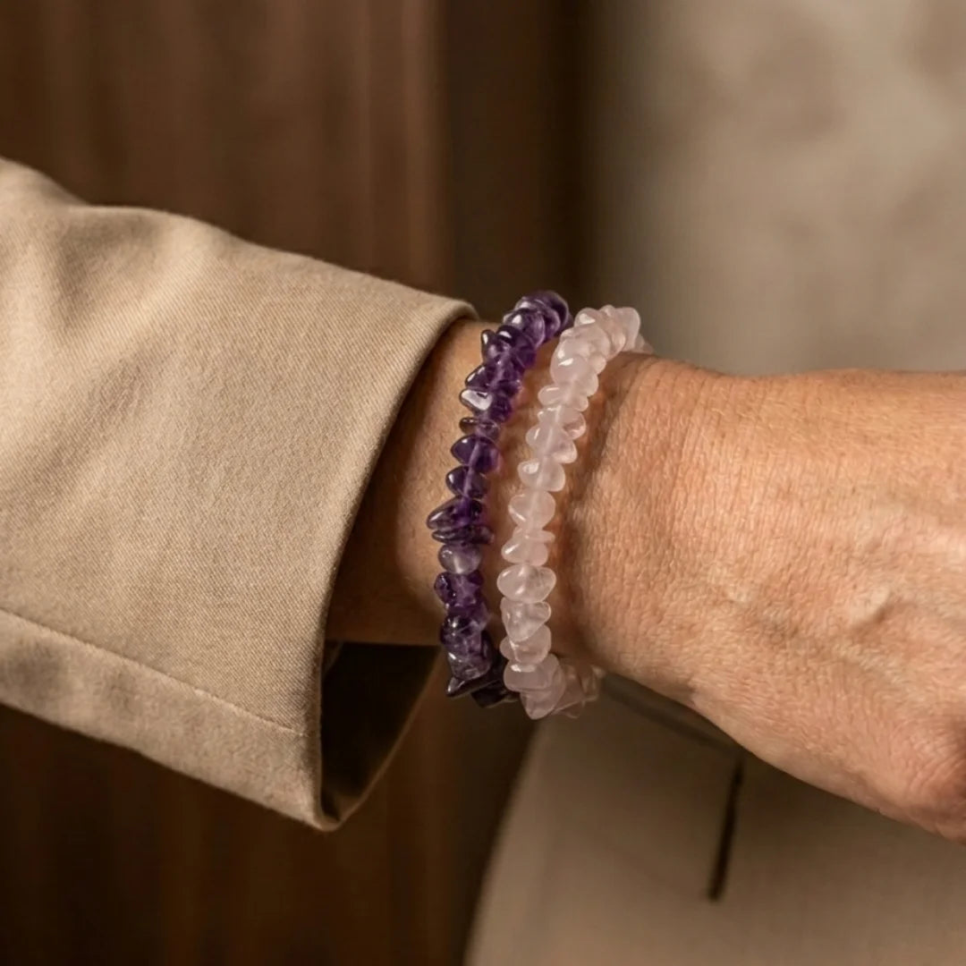 Handcrafted Dreamy Duo bracelet by Saadhak featuring natural Rose Quartz and Amethyst gemstone beads.