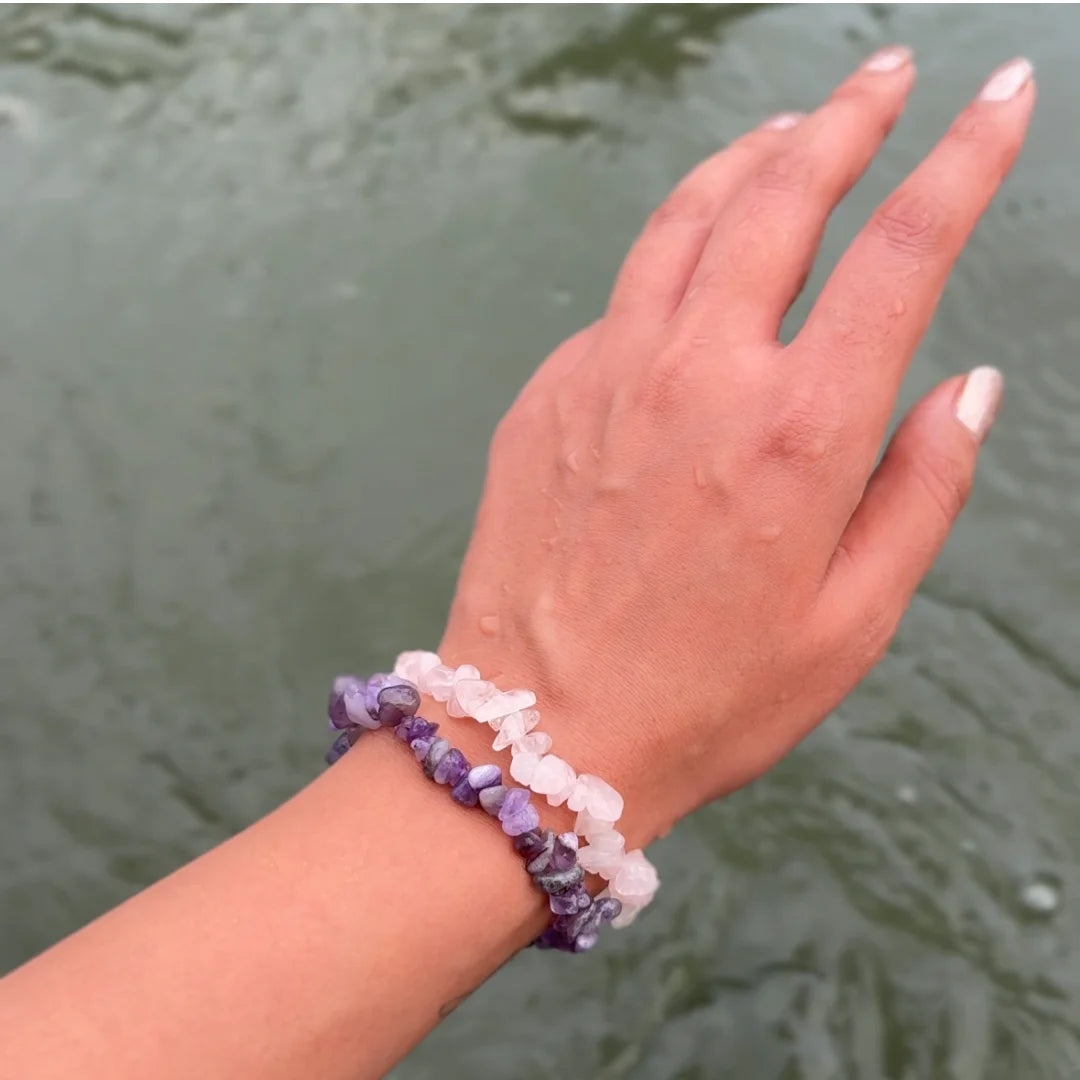 Handcrafted Dreamy Duo bracelet by Saadhak featuring natural Rose Quartz and Amethyst gemstone beads.