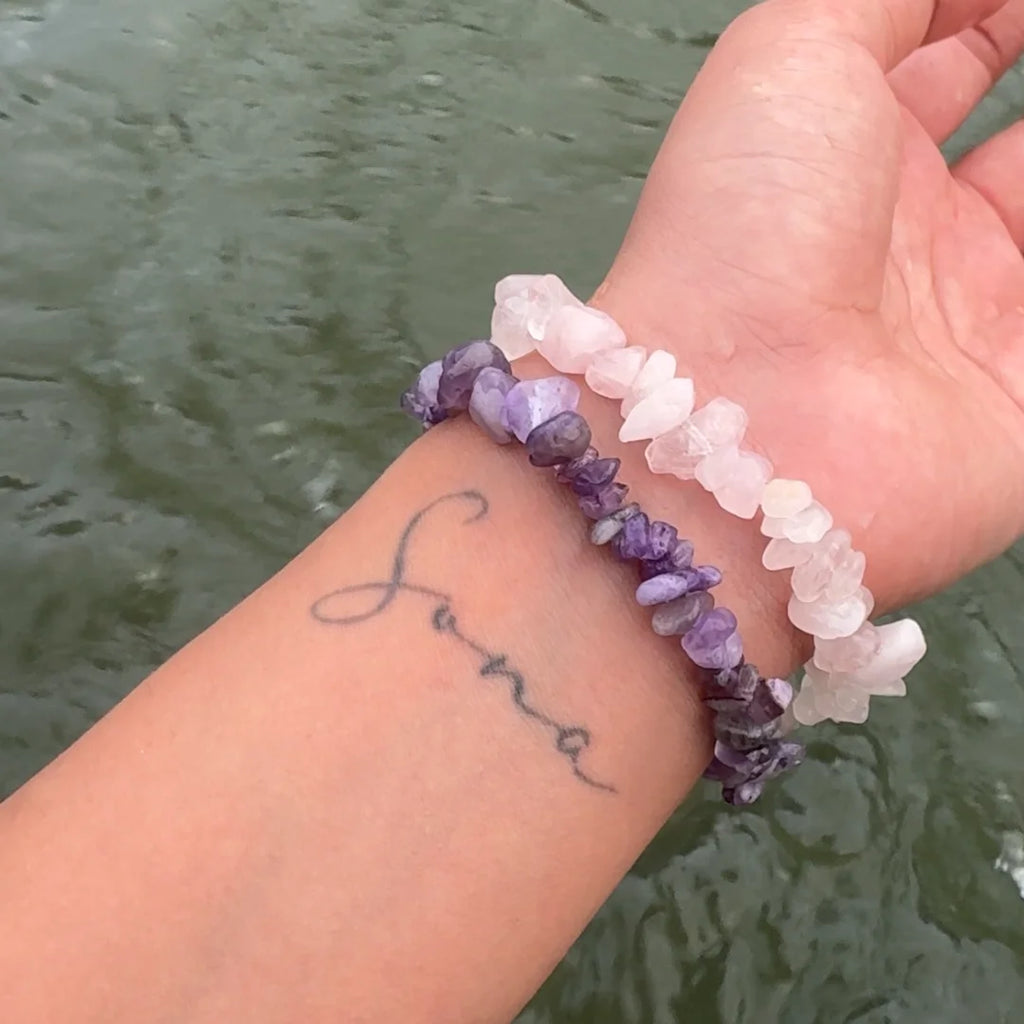 Handcrafted Dreamy Duo bracelet by Saadhak featuring natural Rose Quartz and Amethyst gemstone beads.