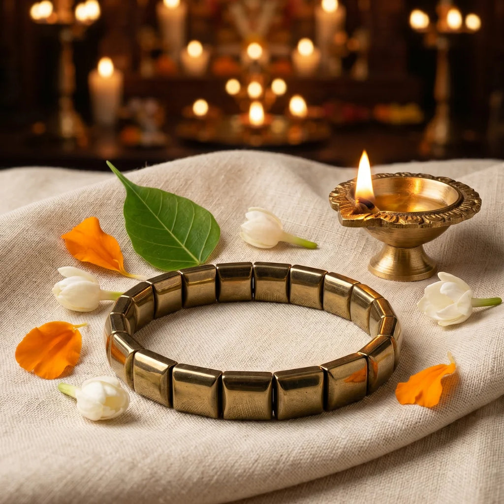 Handcrafted Golden Hematite Tile bracelet by Saadhak featuring natural Golden Hematite tile beads for everyday spiritual wear.