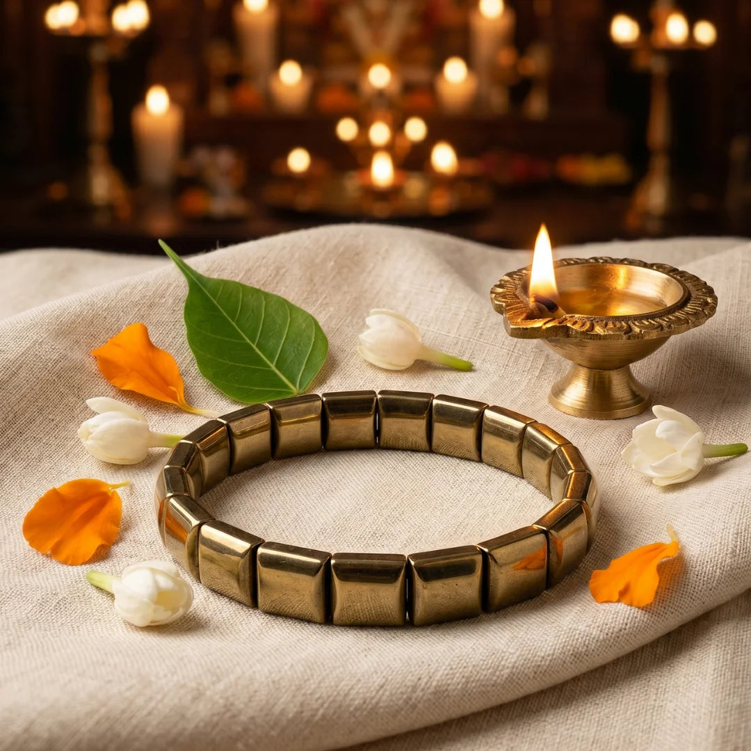 Handcrafted Golden Hematite Tile bracelet by Saadhak featuring natural Golden Hematite tile beads for everyday spiritual wear.