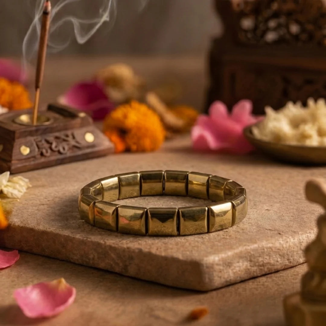 Handcrafted Golden Hematite Tile bracelet by Saadhak featuring natural Golden Hematite tile beads for everyday spiritual wear.