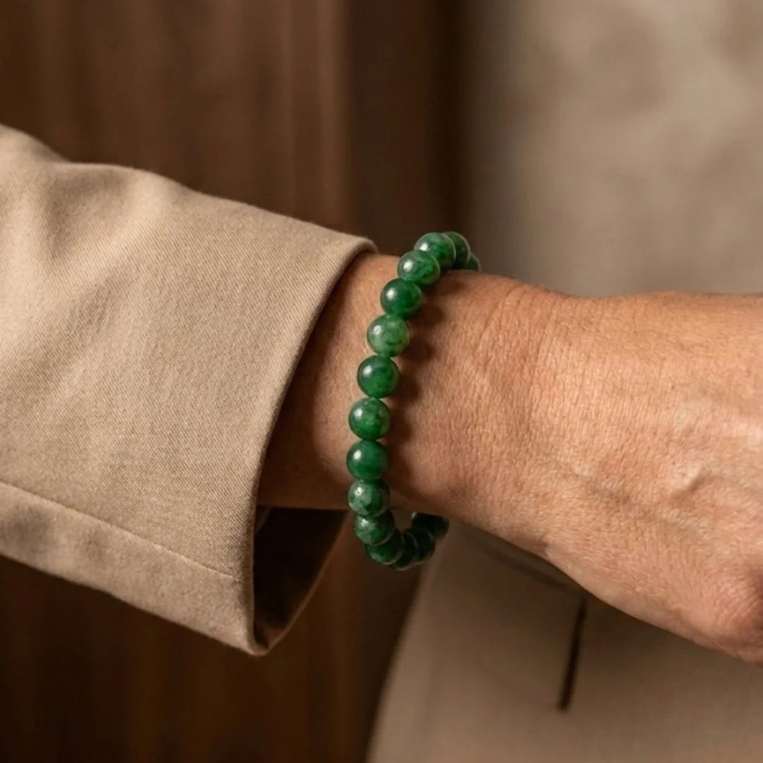 Handcrafted Green Jade bracelet by Saadhak featuring natural Green Jade gemstone beads for everyday spiritual wear.