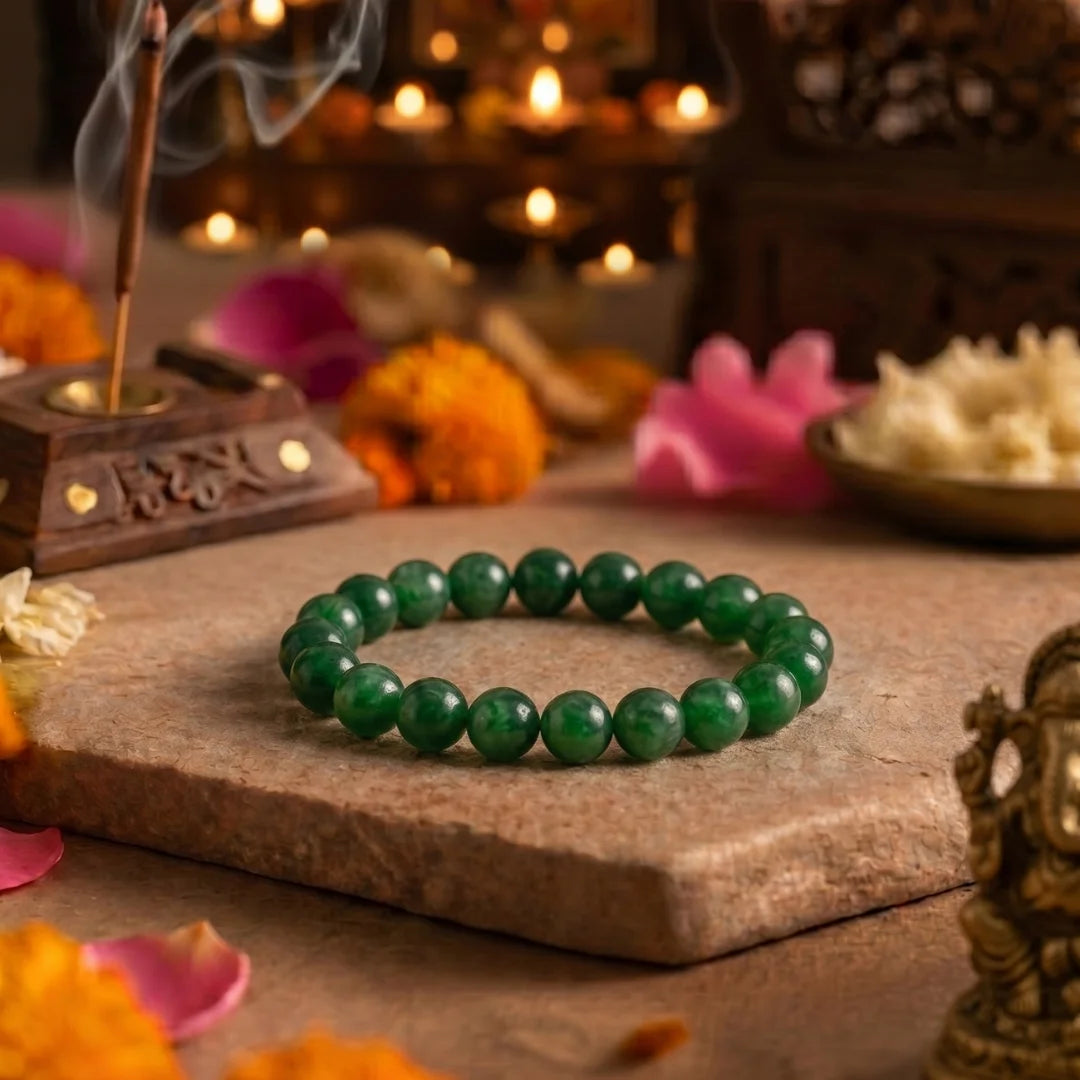 Handcrafted Green Jade bracelet by Saadhak featuring natural Green Jade gemstone beads for everyday spiritual wear.