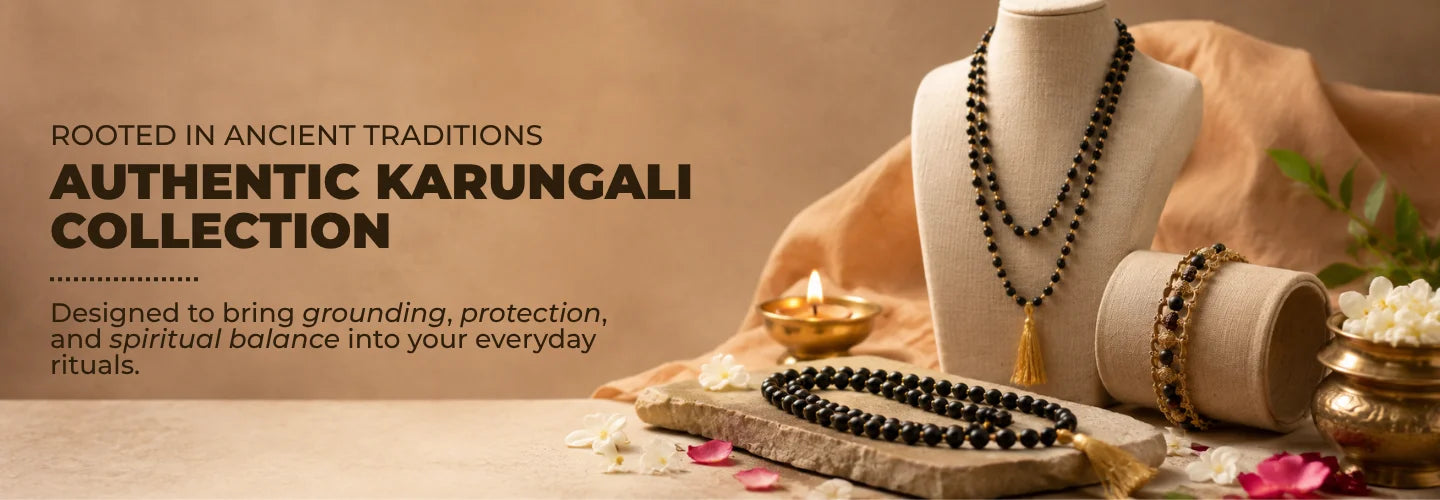 Explore Saadhak's Karungali Collection featuring authentic ebony wood malas, bracelets, pendants, and handcrafted spiritual jewellery.
