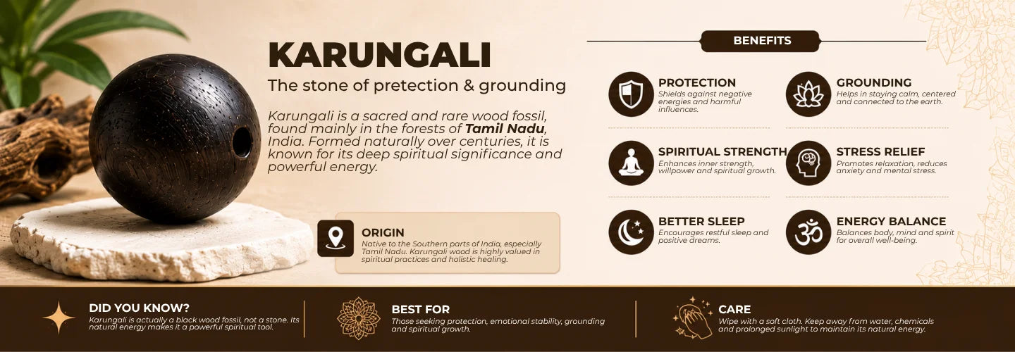 Informative banner explaining the significance of Karungali (ebony wood), its traditional uses, and handcrafted Karungali malas and bracelets by Saadhak.