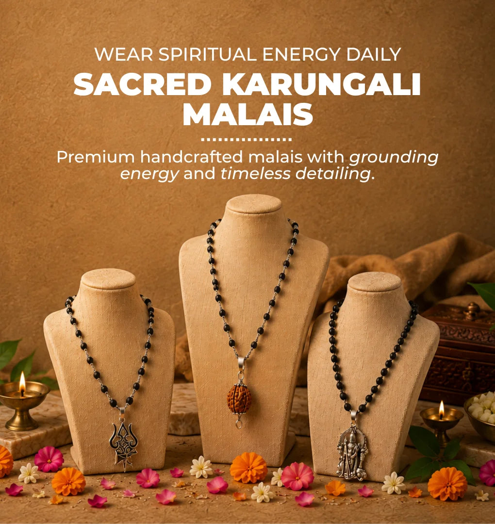 Explore handcrafted Karungali malas by Saadhak featuring authentic ebony wood prayer malas for meditation and spiritual practices.