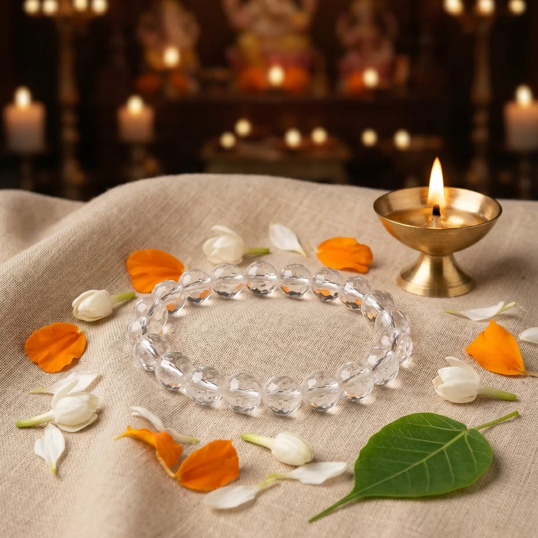 Handcrafted Natural Sphatik bracelet by Saadhak featuring natural Clear Quartz gemstone beads for everyday spiritual wear