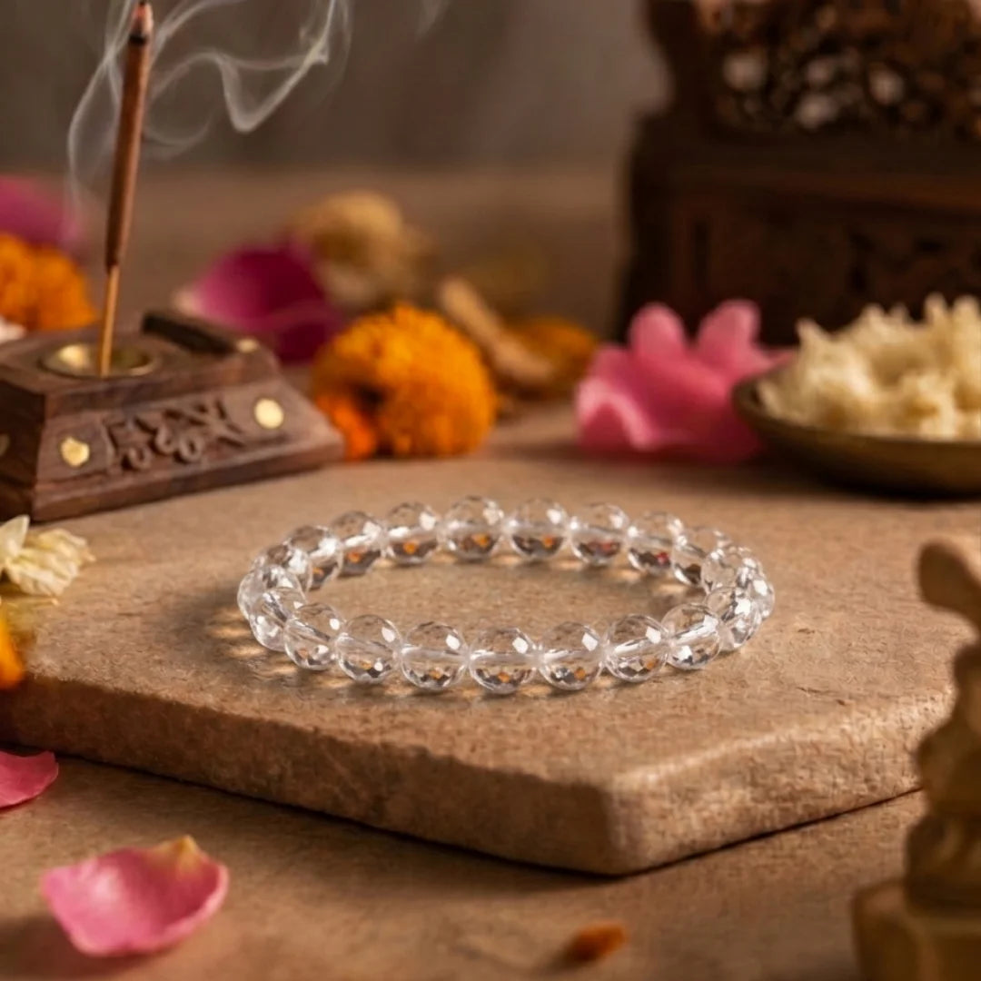 Handcrafted Natural Sphatik bracelet by Saadhak featuring natural Clear Quartz gemstone beads for everyday spiritual wear.