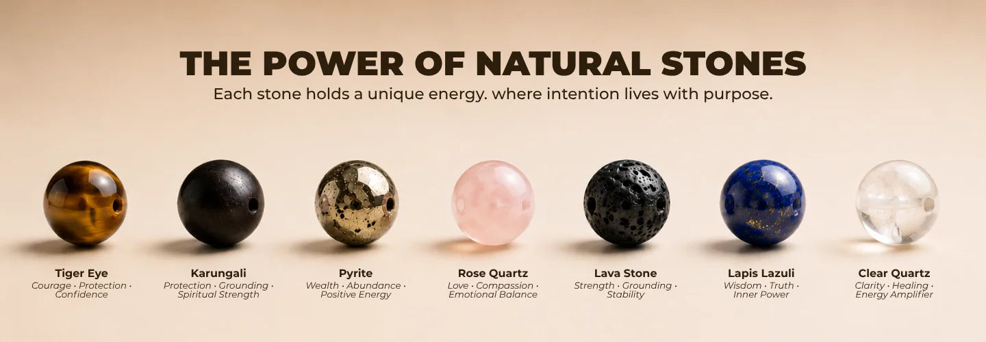 Informative banner showcasing natural stone bracelets and jewellery by Saadhak featuring handcrafted gemstone accessories for meditation, balance, and everyday spiritual wear.