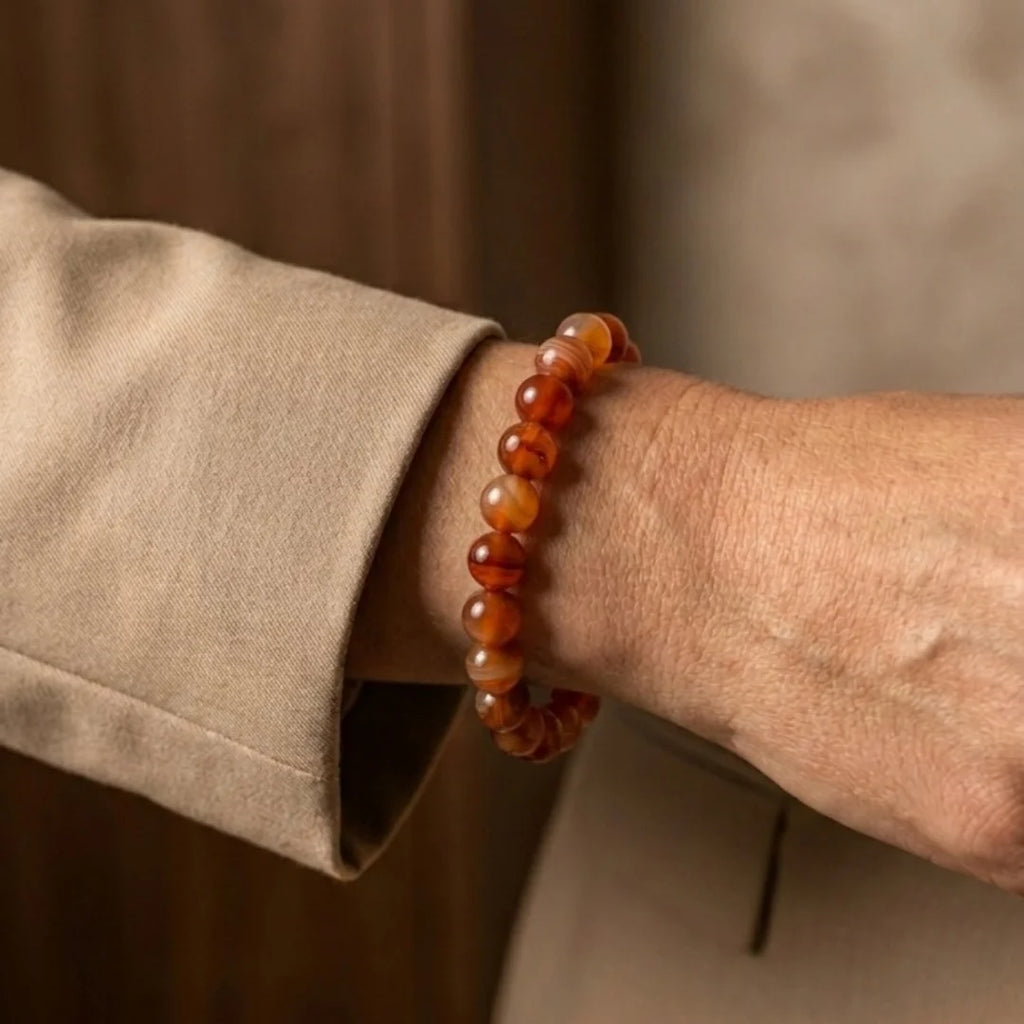 Handcrafted Red Carnelian bracelet by Saadhak featuring natural Red Carnelian gemstone beads for everyday spiritual wear.