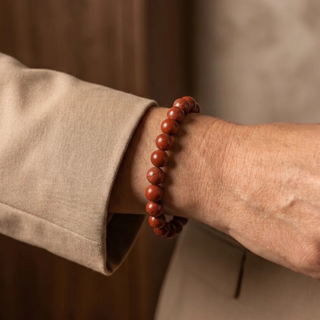 Handcrafted Red Jasper bracelet by Saadhak featuring natural Red Jasper gemstone beads for everyday spiritual wear.