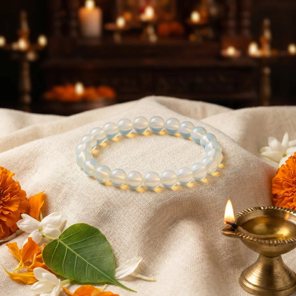 Handcrafted Round Opalite bracelet by Saadhak featuring natural Opalite gemstone beads for everyday spiritual wear.
