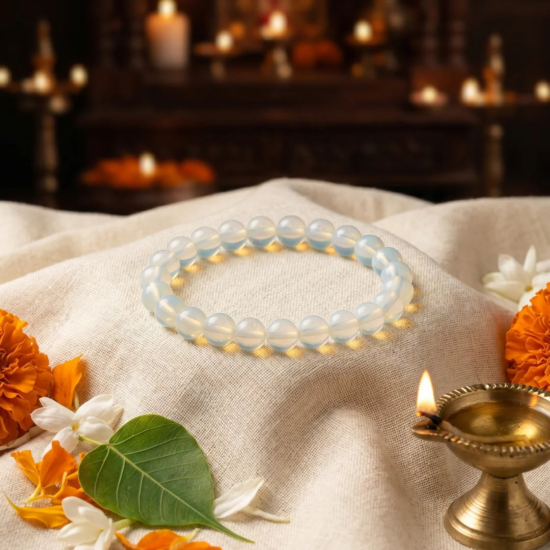 Handcrafted Round Opalite bracelet by Saadhak featuring natural Opalite gemstone beads for everyday spiritual wear.