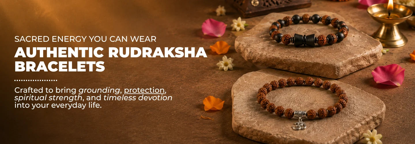 Rudraksha bracelets on a wooden surface with decorative elements and text about sacred energy.
