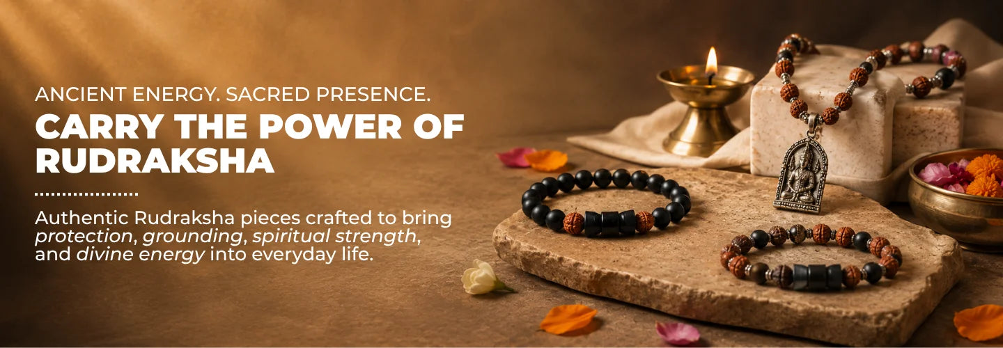 Rudraksha beads and amulet on a wooden surface with text about their energy and presence.