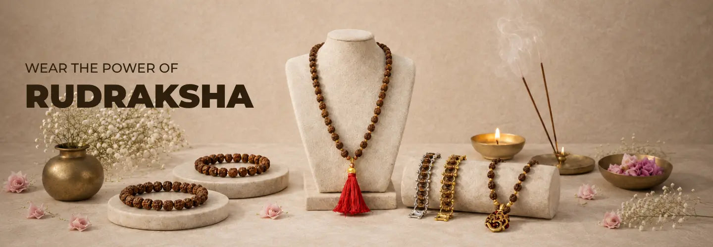 Saadhak homepage banner featuring authentic Rudraksha malas, bracelets, pendants, and handcrafted spiritual jewellery.