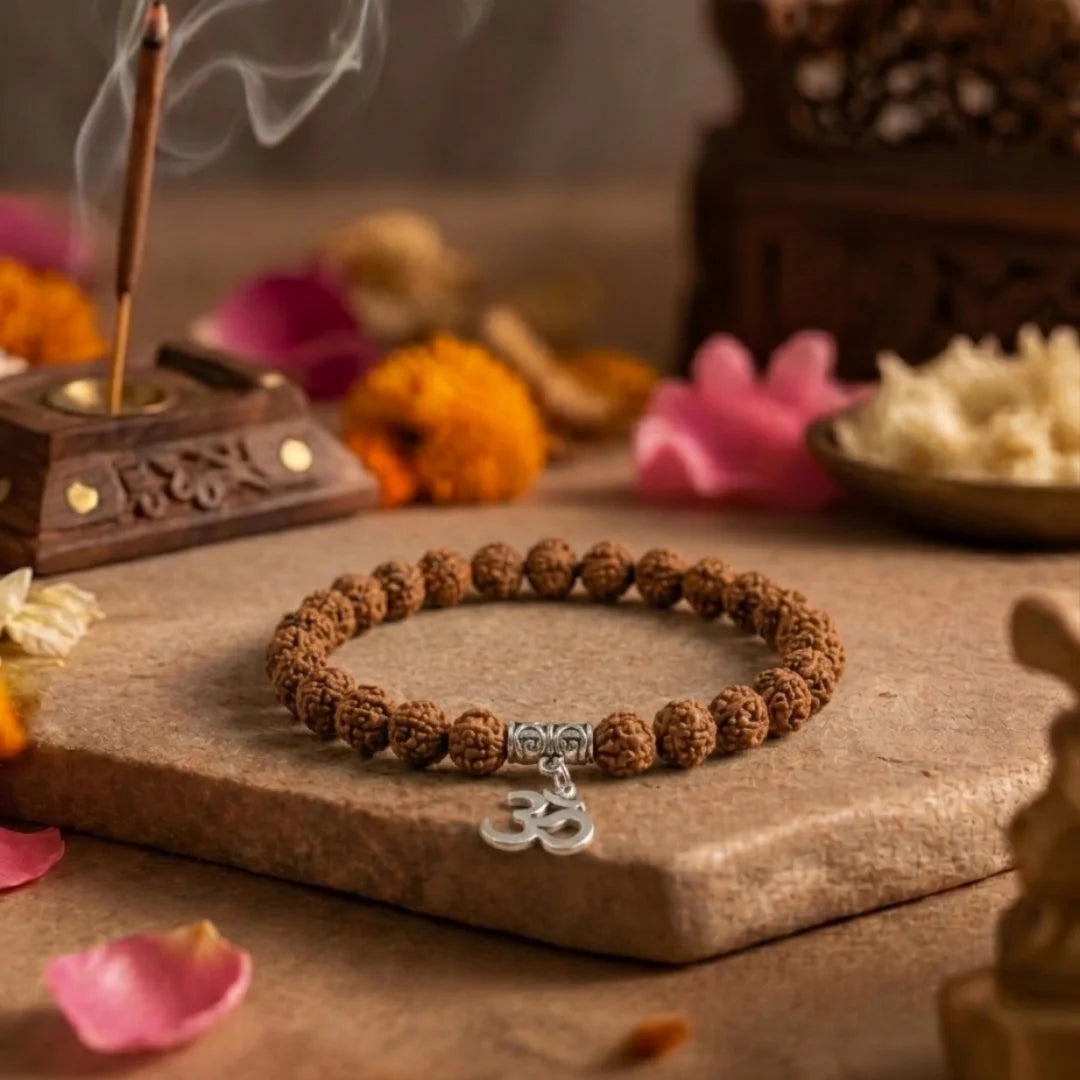 Handcrafted Rudraksha Om bracelet by Saadhak featuring authentic Rudraksha beads and a sacred Om charm.