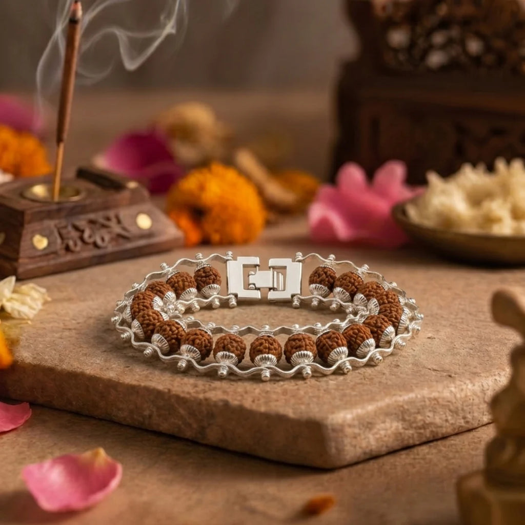 Handcrafted Rudraksha Silver Double Capped bracelet by Saadhak featuring authentic Rudraksha beads with silver-capped accents