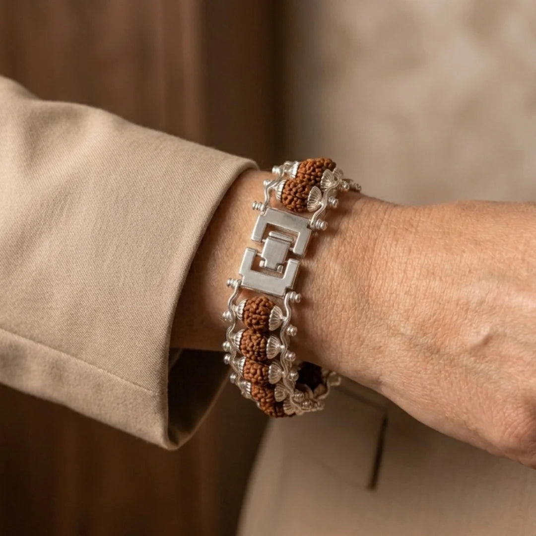 Handcrafted Rudraksha Silver Double Capped bracelet by Saadhak featuring authentic Rudraksha beads with silver-capped accents