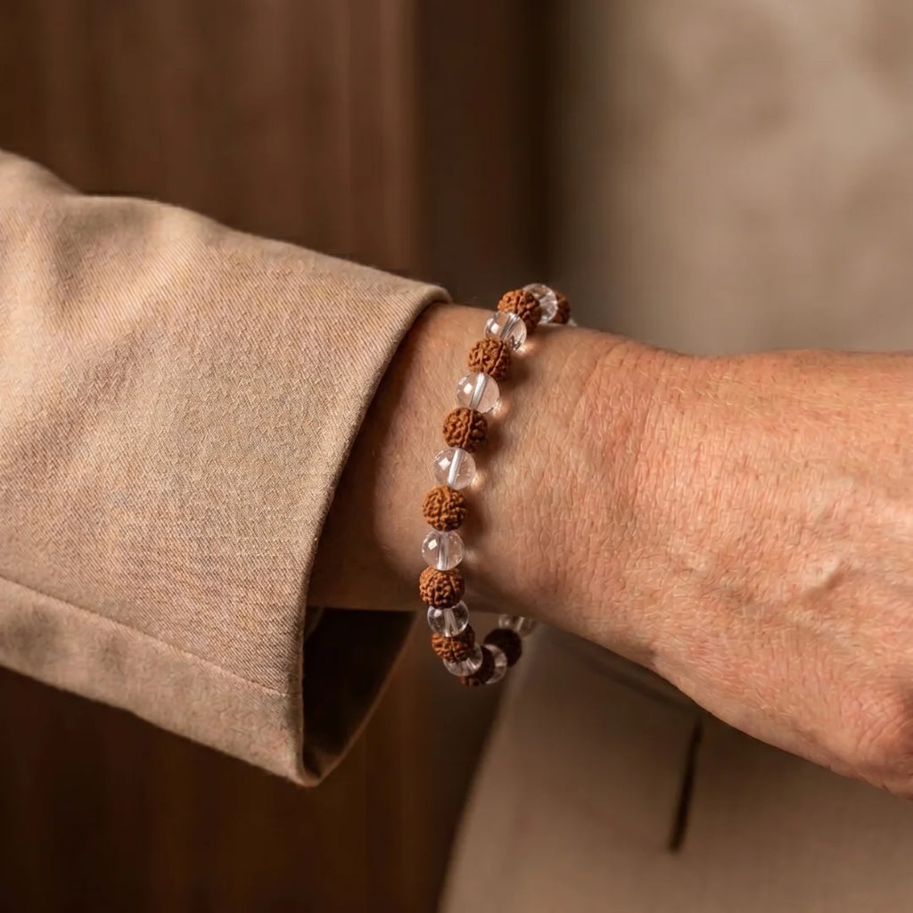 Handcrafted Sphatik and Rudraksha bracelet by Saadhak featuring natural Sphatik crystals and authentic Rudraksha beads.