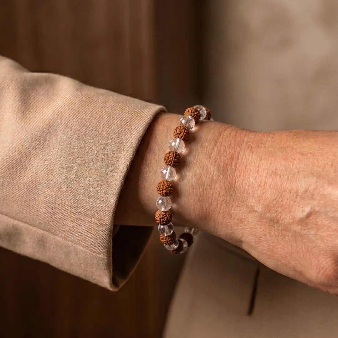 Handcrafted Sphatik and Rudraksha bracelet by Saadhak featuring natural Sphatik crystals and authentic Rudraksha beads.