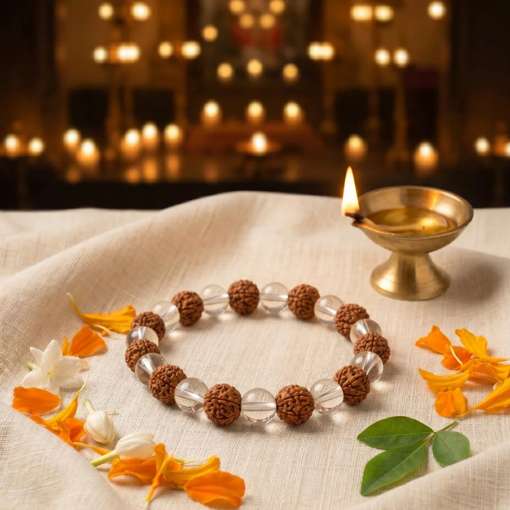 Handcrafted Sphatik and Rudraksha bracelet by Saadhak featuring natural Sphatik crystals and authentic Rudraksha beads