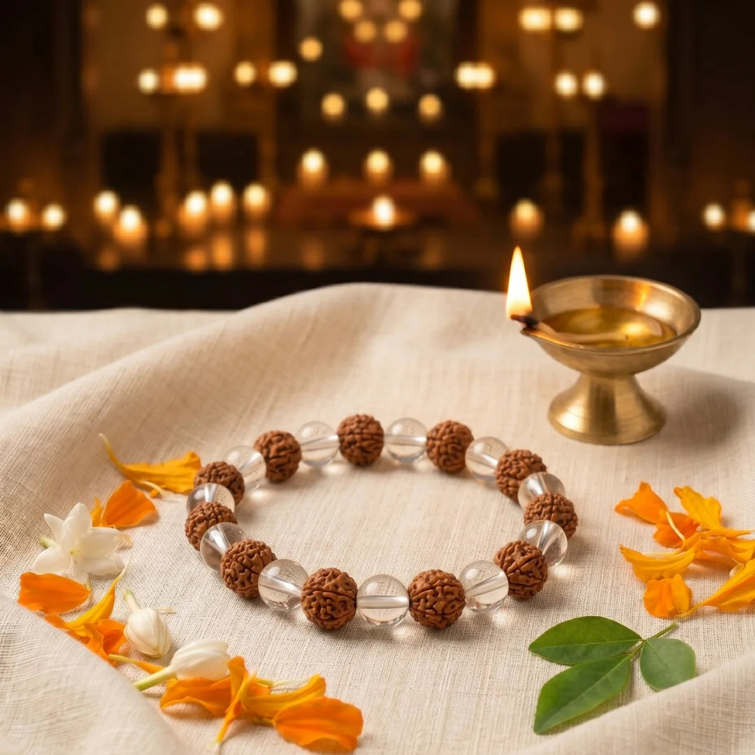 Handcrafted Sphatik and Rudraksha bracelet by Saadhak featuring natural Sphatik crystals and authentic Rudraksha beads