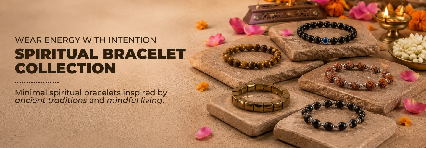 Shop handcrafted spiritual bracelets by Saadhak featuring sacred symbols, natural beads, and devotional jewellery for daily wear and spiritual practices.