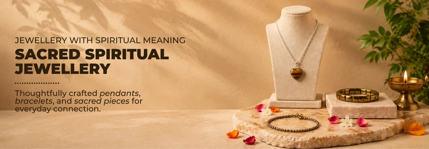 Sacred spiritual jewellery display with pendants and bracelets on a neutral background