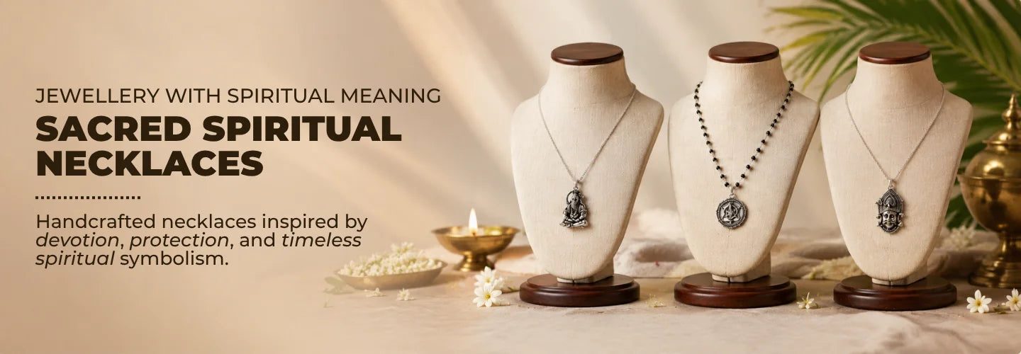 Explore Saadhak's Spiritual Necklace Collection featuring handcrafted necklaces with sacred symbols, pendants, and devotional jewellery for everyday wear and meditation.