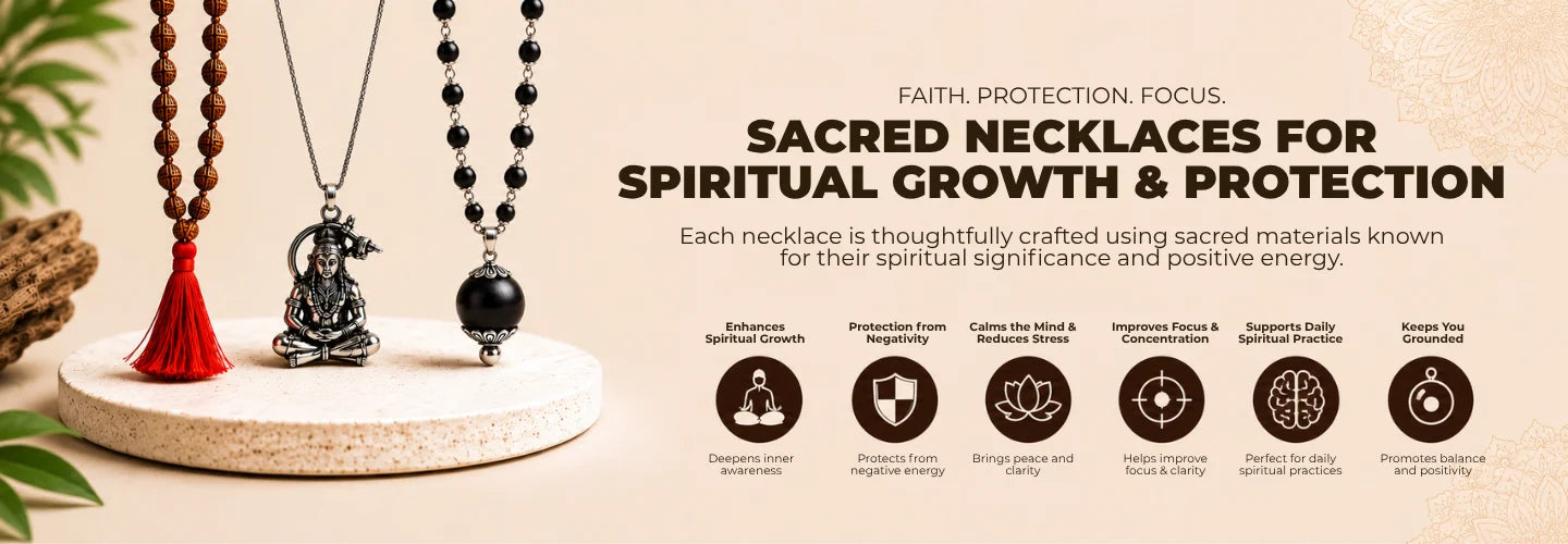 Informative banner showcasing Saadhak's handcrafted spiritual necklaces featuring sacred symbols, natural beads, and devotional jewellery for meditation and everyday wear.