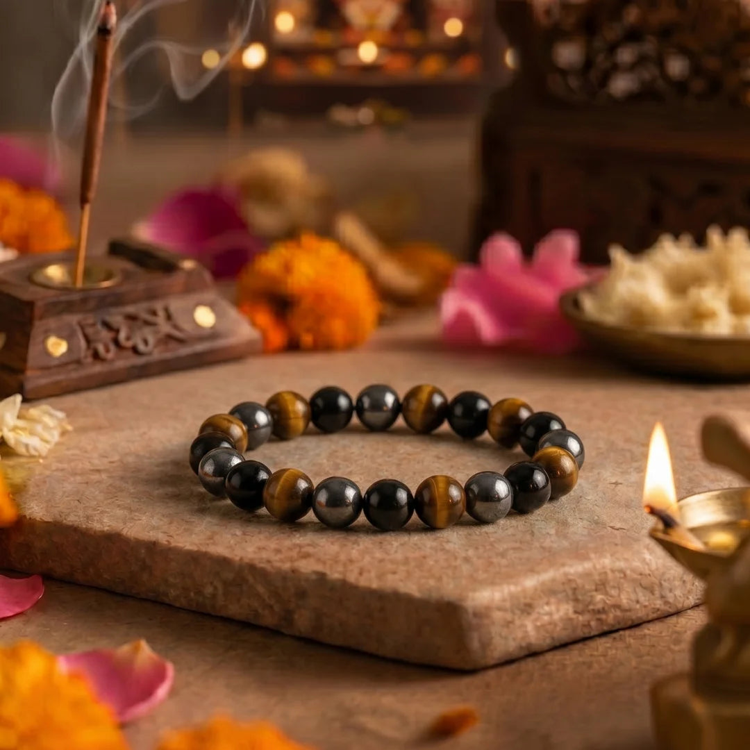 Handcrafted Triple Protection bracelet by Saadhak featuring natural Tiger Eye, Black Onyx, and Hematite gemstone beads.