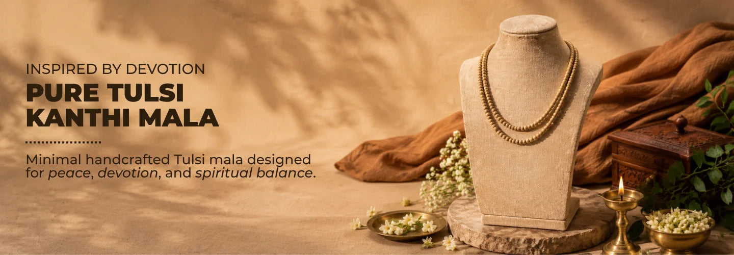 Shop authentic Tulsi Kanthimalas by Saadhak featuring handcrafted sacred neck malas for devotion, meditation, and daily spiritual wear.