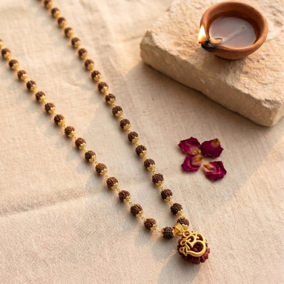 Shri Om 7 Mukhi Rudraksha mala by Saadhak for spiritual growth, protection, inner peace, and everyday devotional wear.