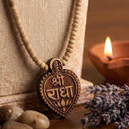 Shri Radha engraved Tulsi mala by Saadhak with sacred Tulsi beads for devotion, peace, spiritual growth, and daily wear.