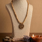 Shri Radha engraved Tulsi mala by Saadhak with sacred Tulsi beads for devotion, peace, spiritual growth, and daily wear.
