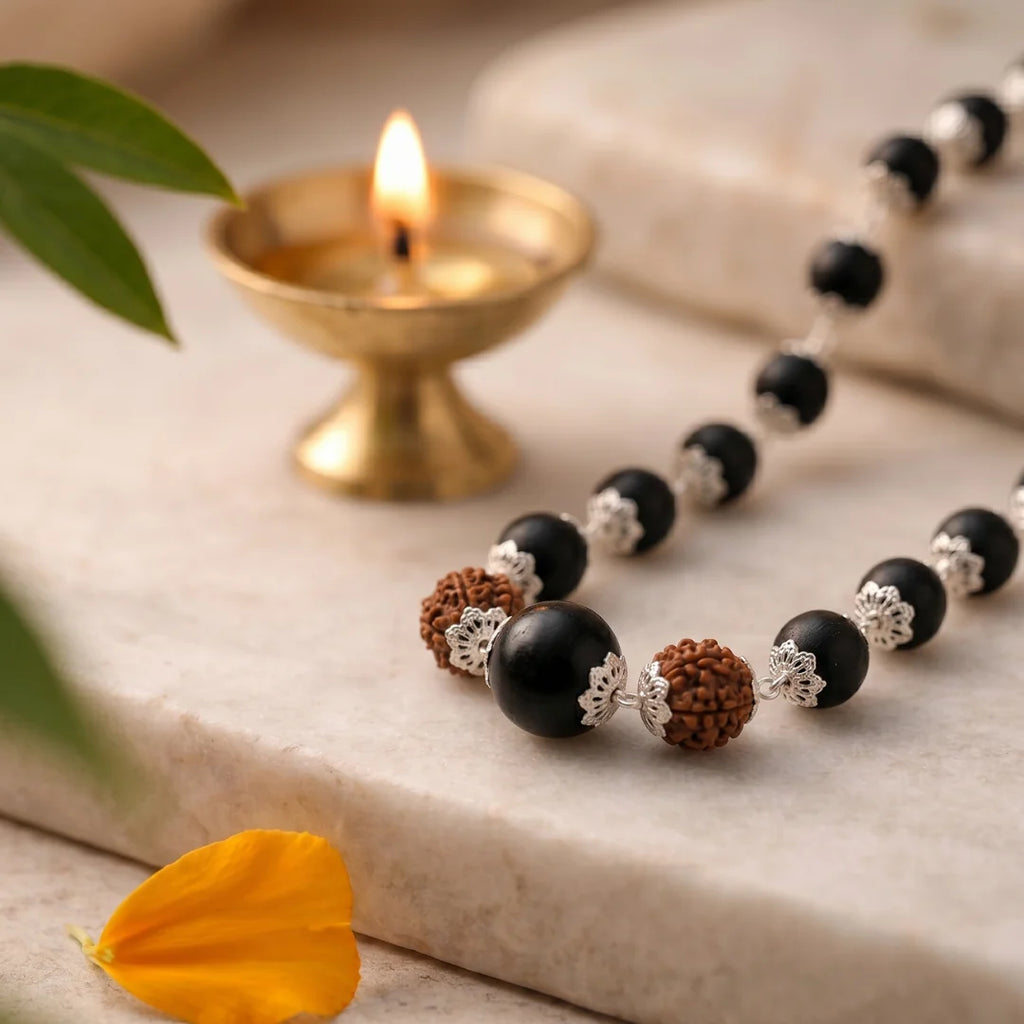 Silver capped Karungali Malai by Saadhak with 6 Mukhi Rudraksha for protection, balance, spiritual growth, and daily wear.