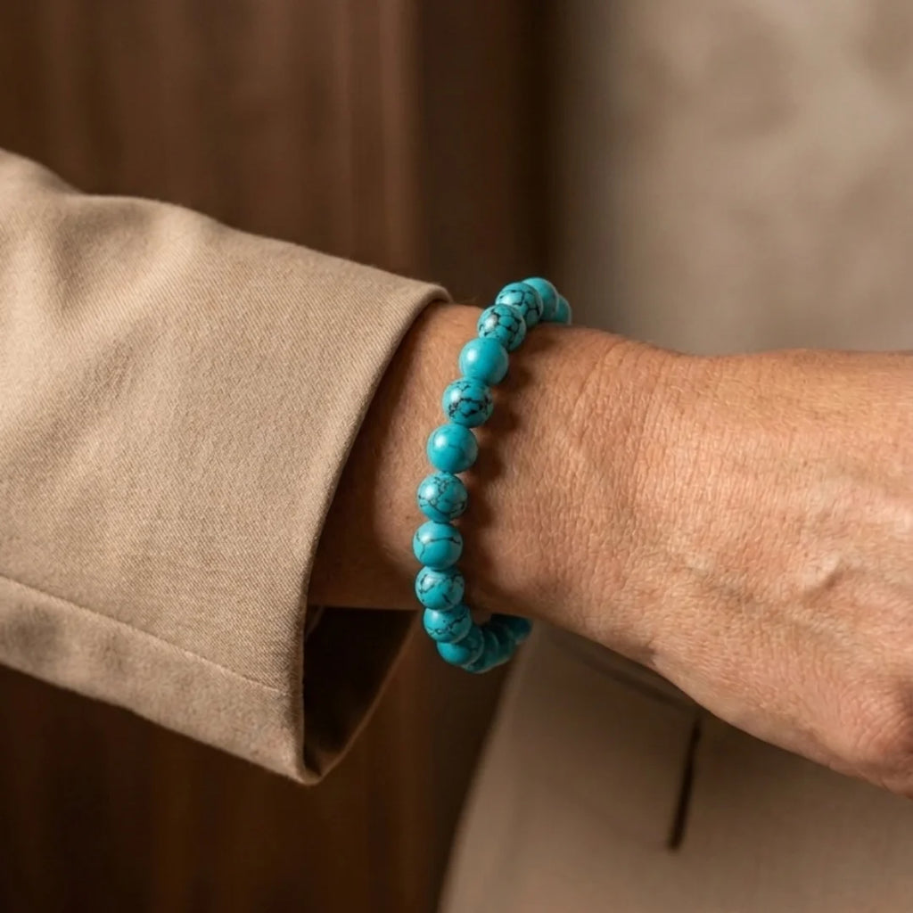 Natural Turquoise (Firoza) gemstone bracelet by Saadhak with polished crystal beads, handcrafted for protection, healing, emotional balance, and everyday spiritual wear.