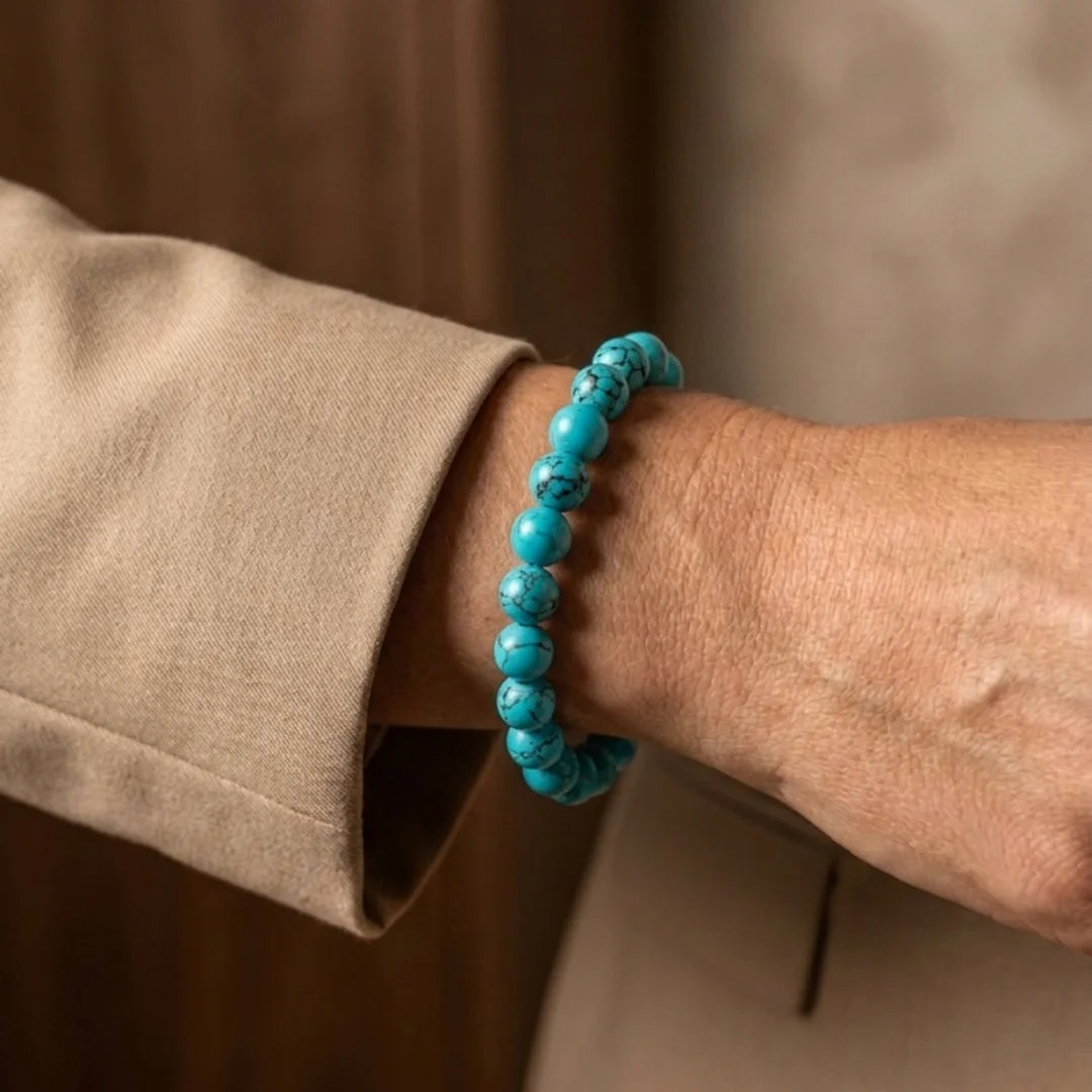 Natural Turquoise (Firoza) gemstone bracelet by Saadhak with polished crystal beads, handcrafted for protection, healing, emotional balance, and everyday spiritual wear.