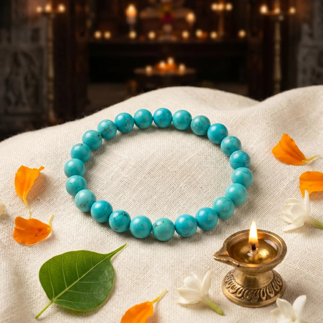 Natural Turquoise (Firoza) gemstone bracelet by Saadhak with polished crystal beads, handcrafted for protection, healing, emotional balance, and everyday spiritual wear.