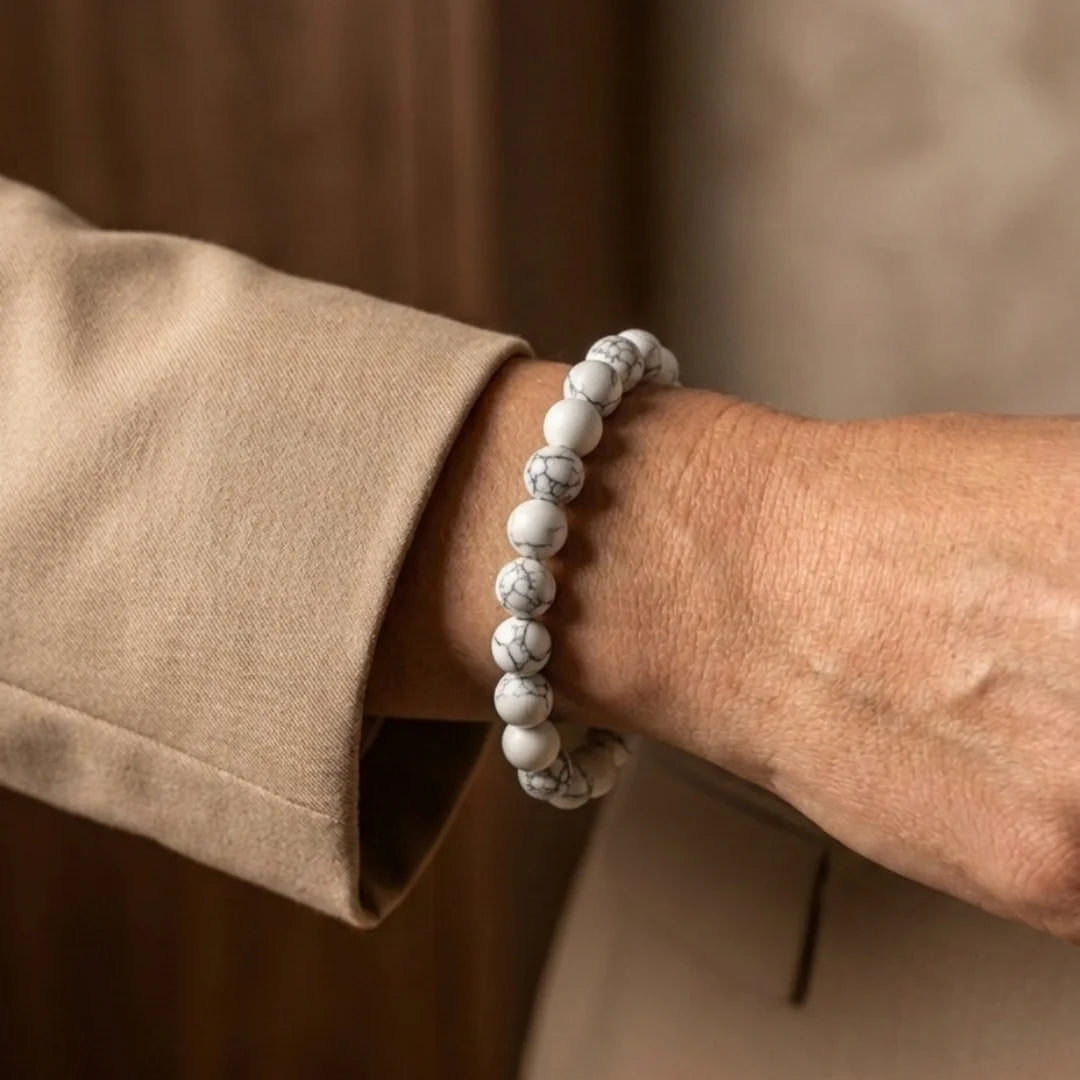 Natural White Howlite bracelet by Saadhak featuring polished gemstone beads, handcrafted for calmness, emotional balance, stress relief, and everyday spiritual wear.